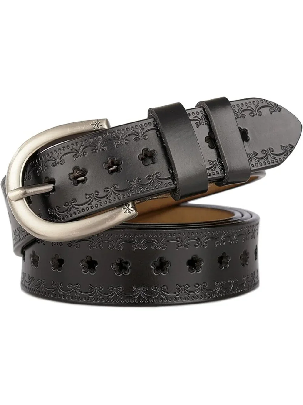 Women's Black-hollow Flowers Leather Belt Vintage Engraved Embossed Western